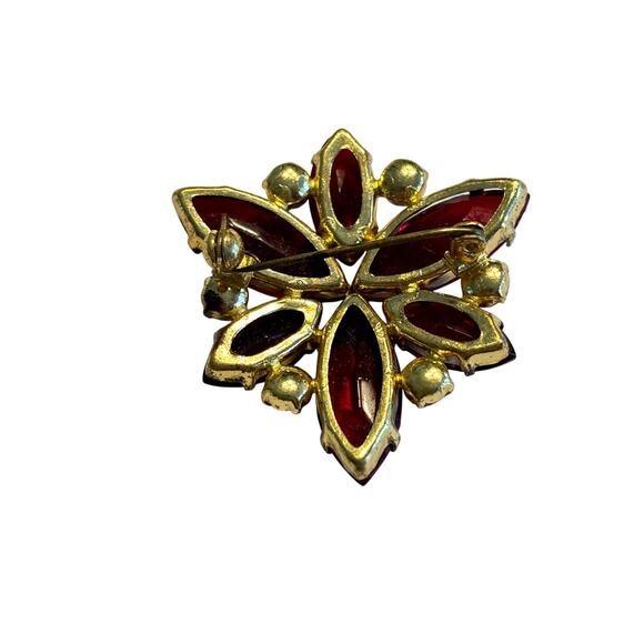 Red & pink rhinestones brooch on goldtone pin flower motif vintage mid century - Picture 3 of 7